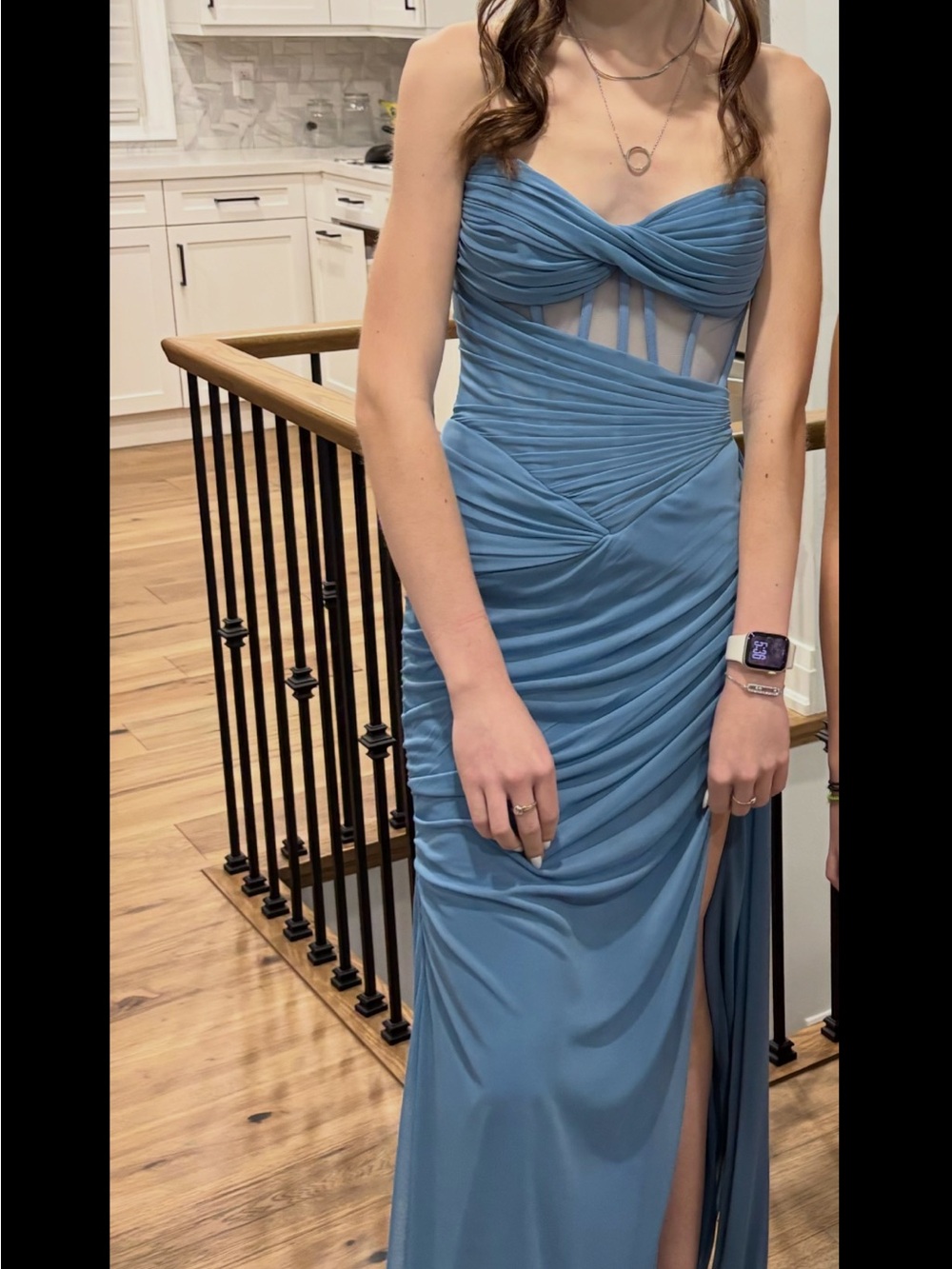 Elegant Blue Ruched Strapless Evening Dress